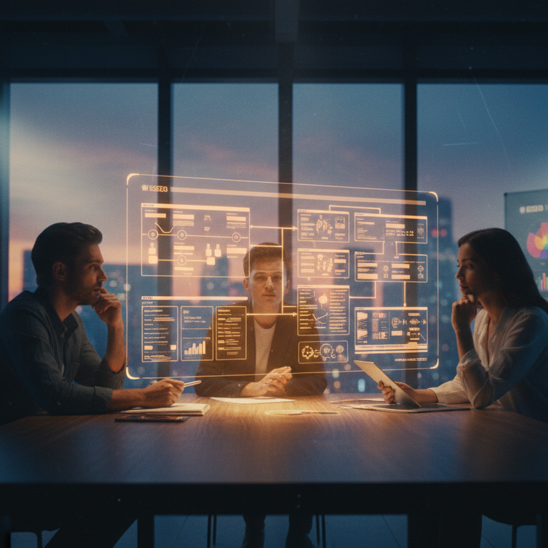 Trois professionnels examinent des tableaux de bord dans un bureau.