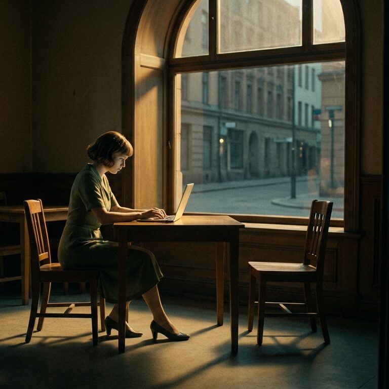 Femme assise à un bureau avec un ordinateur portable, éclairée par la lumière du soleil provenant d'une grande fenêtre donnant sur une rue urbaine