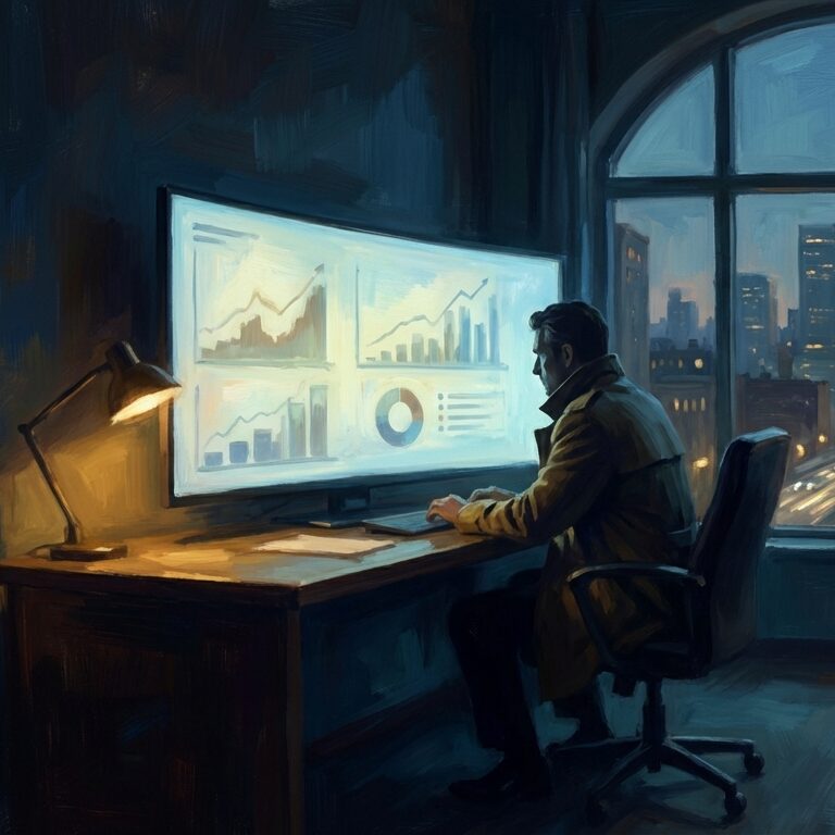 Homme assis à un bureau devant un écran affichant des graphiques commerciaux, face à une grande fenêtre donnant sur une ville illuminée la nuit