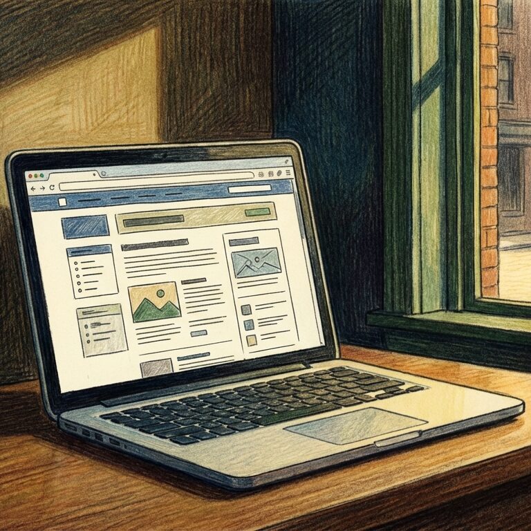 Ordinateur portable sur un bureau en bois affichant une maquette de site web dans un style crayonné, avec une vue de rue urbaine par la fenêtre