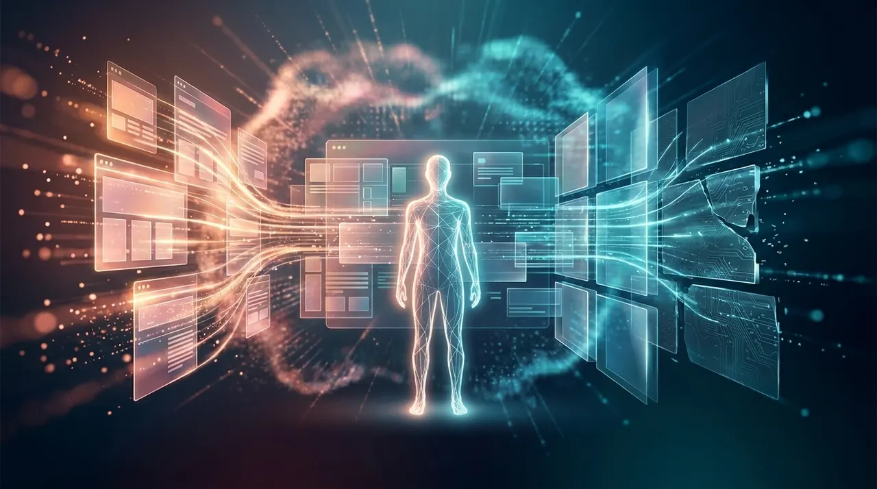 Silhouette humaine entourée d'interfaces numériques et de données, évoquant la création de site internet assistée par IA
