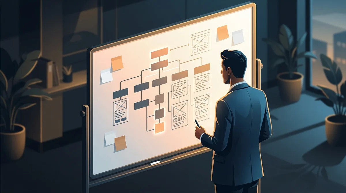 Dirigeant de PME devant un plan de site tracé au tableau, blocs de pages reliés entre eux et croquis de maquette