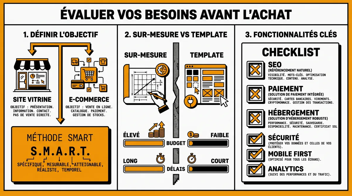 Infographie : évaluer ses besoins avant d'acheter un site web — objectif, sur-mesure ou template, et checklist des fonctionnalités clés