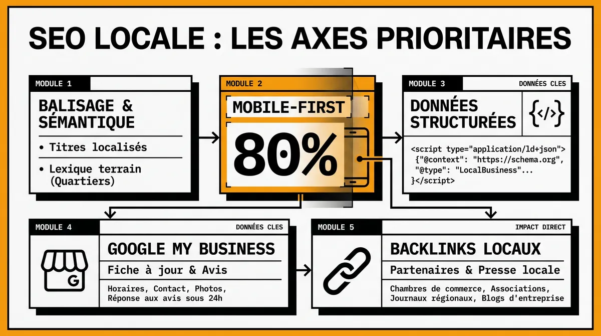 Infographie : les axes prioritaires du SEO local — balisage, mobile-first, données structurées, Google Business et backlinks locaux
