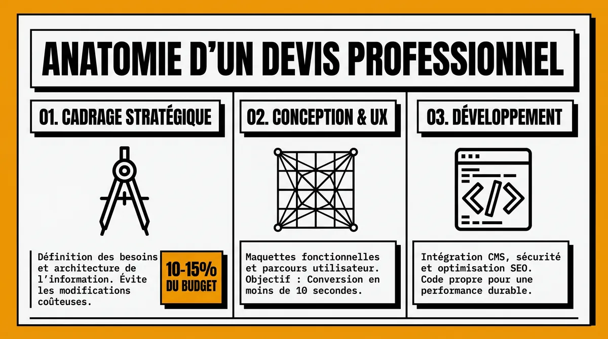 Infographie : l'anatomie d'un devis de création de site professionnel — cadrage, conception UX et développement