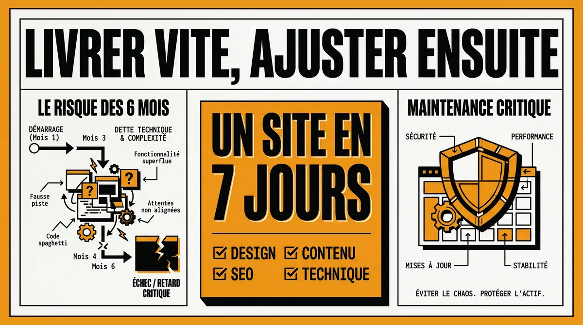 Infographie : livrer vite et ajuster ensuite — un site professionnel en 7 jours