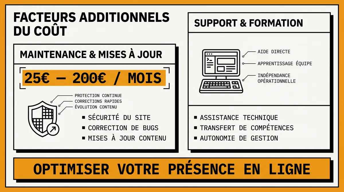 Infographie : les facteurs additionnels du coût d'un site vitrine — maintenance, support et formation