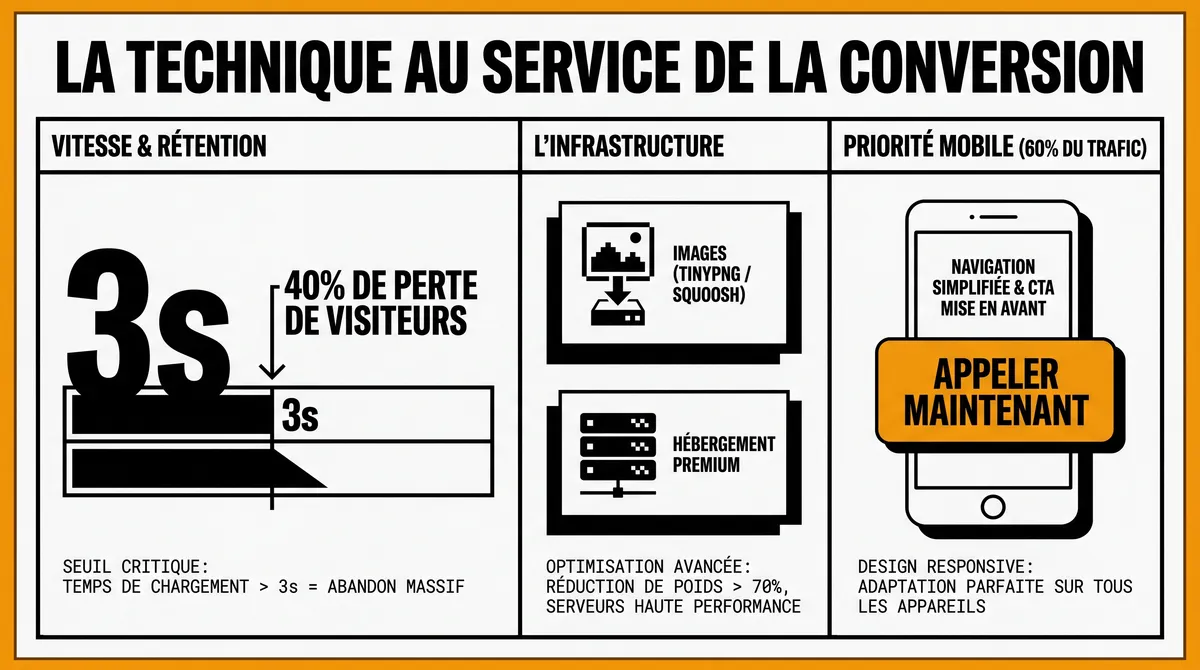 Infographie : la technique au service de la conversion — vitesse, infrastructure et priorité mobile