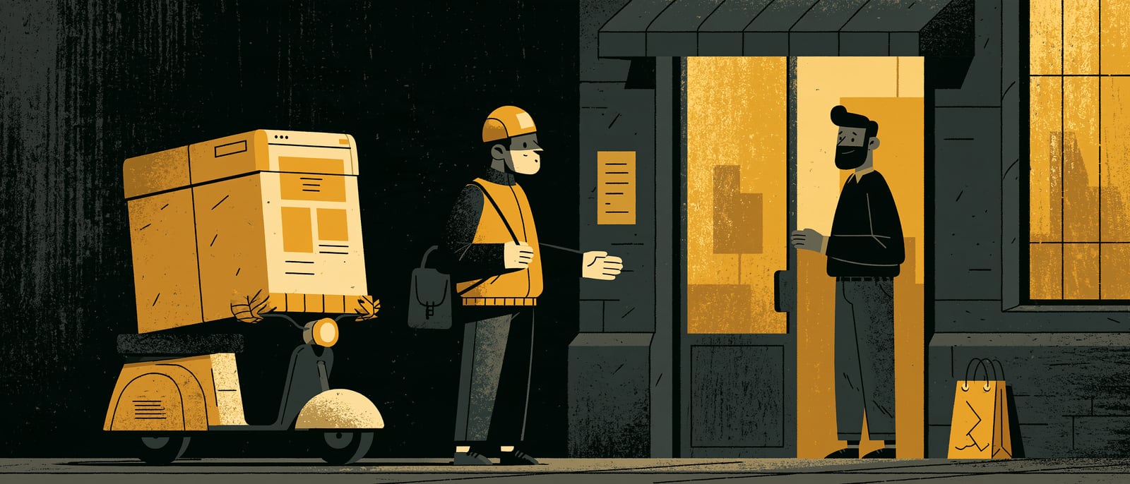Un livreur en scooter apporte un grand colis en forme de page de site à la porte d’une entreprise